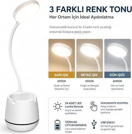 Masa Lambası Şarjlı Dokunmatik 24 Led’li, 3 Renk Modlu Ayarlanabilir Işık, USB Şarjlı, Esnek Gövde, Modern Masa ve Gece Lambası