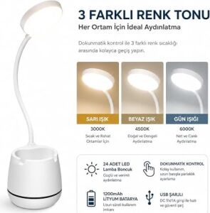 Masa Lambası Şarjlı Dokunmatik 24 Led’li, 3 Renk Modlu Ayarlanabilir Işık, USB Şarjlı, Esnek Gövde, Modern Masa ve Gece Lambası
