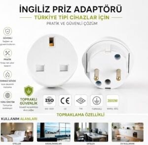 Ingiliz Priz Adaptörü, Uk Fiş Dönüştürücü, Topraklı Seyahat Adaptörü; Türkiye Tipi Cihazlar Için 3500W Güç, Tse & Ce Sertifikalı Yanmaz Gövde - Ingiltere Dubai Hong Kong Singapur Uyumlu Almera