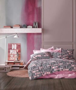 %70 Pamuklu Çift Kişilik Nevresim Takımı Yorgan Kılıfı Seti + Lastikli Çarşaf +2 Yastık Kılıflı-Kalp Desen (Pembe-Kalp-Love)