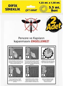 Çift Kanat Pratik Sineklik, 1,25  m x 1.5 m Tül, Kapı & Pencere Uyumlu, 5,5 M Yapıştırma Bantlı (2 Adet)