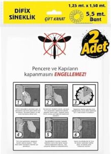 Çift Kanat Pratik Sineklik, 1,25  m x 1.5 m Tül, Kapı & Pencere Uyumlu, 5,5 M Yapıştırma Bantlı (2 Adet)