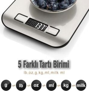 Techfit TF-1002 Dijital Mutfak Terazisi, 5 kg Kapasiteli, Paslanmaz Çelik, LCD Ekran, Dara Fonksiyonlu, G/ml/oz/lb Ölçüm Birimleri