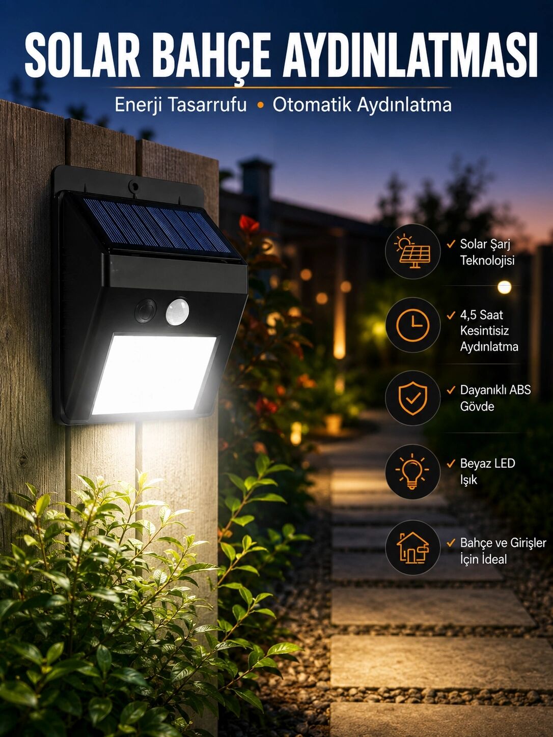 Solar Lamba Giriş, Bahçe Yol Avlu Hareket Sensörlü LED Parlak Gece Su Geçirmez