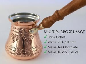 Dede Copper - Pcz Serisi (LARGE-14FL.OZ) - Ahşap Saplı En Kalın Katı Bakır Oymalı/dövülmüş Türk Yunan Arap Kahve Demliği, Ocak Üstü Kahve Makinesi Cezve, Jezve, Jazva, Ibrik, Briki (Parlak)