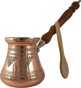 Dede Copper - Pcz Serisi (LARGE-14FL.OZ) - Ahşap Saplı En Kalın Katı Bakır Oymalı/dövülmüş Türk Yunan Arap Kahve Demliği, Ocak Üstü Kahve Makinesi Cezve, Jezve, Jazva, Ibrik, Briki (Parlak)
