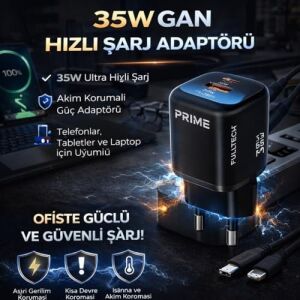 35W Gan Hızlı Şarj Adaptörü, Hızlı Şarj Başlığı,1x Type-C Girişi, 1x USB Girişi, Güçlü Performans, Aşırı Gerilim, Kısa Devre, Isınma ve Akım Koruması, Gelişmiş Güvenlik ve Geniş Uyumluluk (Kablo Dahi)