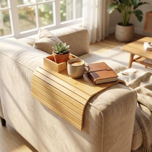 Bambu Koltuk Kenarı Tepsisi ve Organizer - Katlanabilir Bölmeli Ahşap Kanepe Yanı Sehpa, Bardaklık ve Kumandalık (41 x 33.5 x 4.5 Cm)