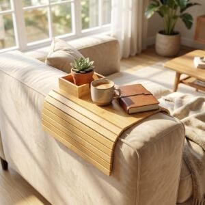Bambu Koltuk Kenarı Tepsisi ve Organizer - Katlanabilir Bölmeli Ahşap Kanepe Yanı Sehpa, Bardaklık ve Kumandalık (41 x 33.5 x 4.5 Cm)