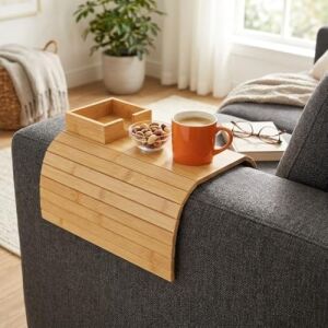 Bambu Koltuk Kenarı Tepsisi ve Organizer - Katlanabilir Bölmeli Ahşap Kanepe Yanı Sehpa, Bardaklık ve Kumandalık (41 x 33.5 x 4.5 Cm)