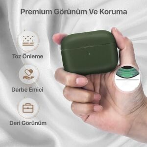 Airpods Pro 2. Nesil ile Uyumlu Leather Skin Serisi Parmak Izi Tutmayan Dış Yüzeye Sahip ve Mükemmel Koruma Sağlayan Orta Sertlikte Silikon Kılıf (Haki)