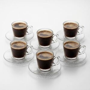 6’lı Cam Kahve Fincanı Seti Çizgili Desenli Şeffaf Fincan ve Tabak Takımı 8 cm Espresso Türk Kahvesi Sunum Seti