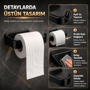 Siyah Lamalı Tuvalet Kağıtlığı, Hem Yapışkanlı Hem Vidalı Montajlı Wc Kağıt Askılığı, Açık Uç Tasarımlı Banyo Tuvalet Kağıdı Tutucu, Mat Siyah Modern Kağıtlık