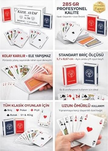 Star Briç Oyun Kağıdı Extra Kızıl Ay A/30 Artex – 2 Deste (Kırmızı & Mavi) Poker Iskambil Kartı, 285 gr Opak Kağıt, Profesyonel Kullanım