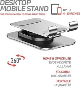 Telefon Standı Çok Yönlü 360° Dönebilen Metal Gövdeli Ayarlanır ve Katlanır Masa Üstü Kullanımı Için Tüm Telefonlara Uygundur
