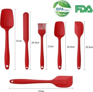 Silikon Mutfak Yardımcısı, 6 Adet Silikon Spatula, Çorba Kaşığı, Fırın Fırçası, Spatula, Isıya Dayanıklı ve Yapışmaz, Paslanmaz Çelik ve Dikişsiz Tek Parça Tasarım Siyah-Gri-Kırmızı (Gri)