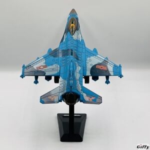 Oyuncak Model Uçak Dahili Şarjlı Buhar Atabilen Metal Kasa Işıklı Sesli Standlı Sürtmeli Savaş Uçağı + Kutulu F-16 (Mavi)