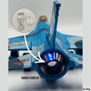 Oyuncak Model Uçak Dahili Şarjlı Buhar Atabilen Metal Kasa Işıklı Sesli Standlı Sürtmeli Savaş Uçağı + Kutulu F-16 (Mavi)