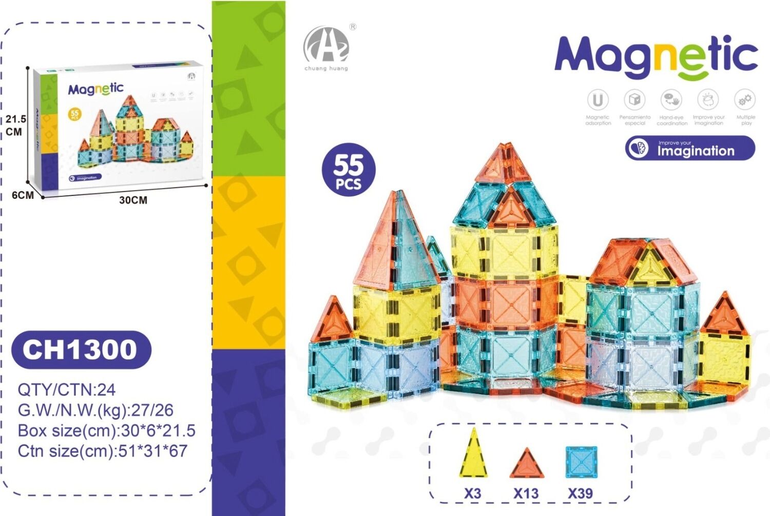 03-CH1300 5,5 cm Manyetik Bloklar 55 Pcs
