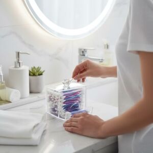 Şeffaf Akrilik Kulak Çubuğu ve Makyaj Organizeri, Kapaklı, Çekmeceli, 9x9 Cm, Banyo Düzenleyici Kutusu