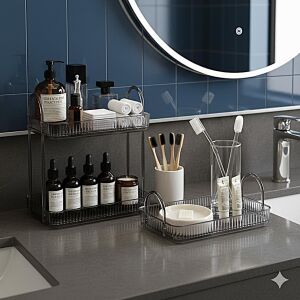 Banyo Düzenleyici Organizer Banyo Rafı (Duman Gri, Tek + Iki Katlı Set)