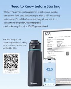 Waterh Boost Yalıtımlı Paslanmaz Çelik Akıllı Su Şişesi, 32 Oz Bluetooth Akıllı Izleyici ve Içecek Hatırlatma (Siyah)