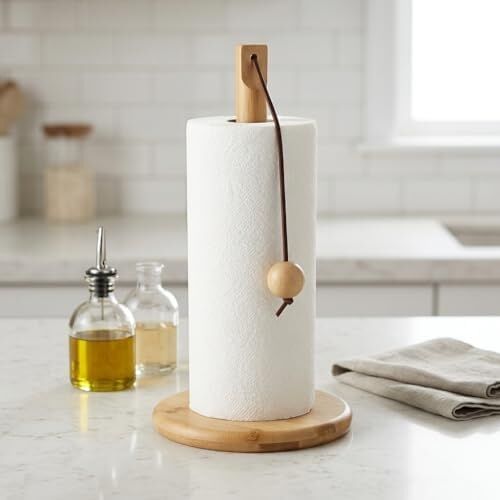 Doğal Bambu Bohem Top Tutacaklı Kağıt Havluluk - Dekoratif Ahşap Stand (30X14 Cm, Kahve ve Bambu Renk Seçenekli, 1 Adet) (Doğal)