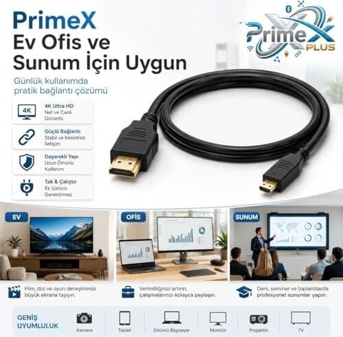 PX-1121-10 Micro HDMI To HDMI Kablo, 10 Metre 1080P Full Hd HDMI Görüntü ve Ses Aktarım Kablosu, Micro HDMI Type-D Kamera Tablet Mini Laptop Raspberry Pi Tv Monitör Projeksiyon Bağlantı Kablosu