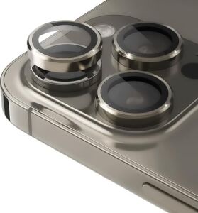 iPhone 15 Pro - 15 Pro Max / 14PRO - 14PROMAX Modellerinin Tümüne Uyumlu Alüminyum Alaşım Çerçeveli ve 9h Sertliğinde Temperli Camlı Lens Koruyucu (Natural Titanyum)