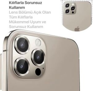 iPhone 15 Pro - 15 Pro Max / 14PRO - 14PROMAX Modellerinin Tümüne Uyumlu Alüminyum Alaşım Çerçeveli ve 9h Sertliğinde Temperli Camlı Lens Koruyucu (Natural Titanyum)