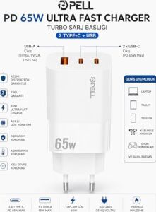 Pell 65W Pd Ultra Hızlı Şarj Başlığı, 2x Usb-C + Usb-A, Akıllı Güç Yönetimi, Laptop ve Telefon ile Uyumlu