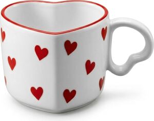 Seramik Kulplu Kupa Bardak, 250 ml Geniş Kapasite, Kırmızı Kalp Desenli Tasarım, Ev Ofis Restoran Için Kullanıma Uygun El Yapımı Seramik Kulplu Çay Kahve Espresso Latte Sunum Bardağı
