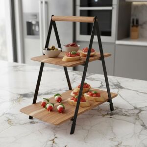 2 Katlı Akasya Ahşap Sunum Standı - Silikon Kaplamalı Siyah Metal Gövdeli Meyvelik Kurabiyelik Kahve Köşesi ve Mutfak Banyo Düzenleyici Organizer (16 x 26.5 x 34 Cm)