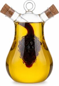 Çift Hazneli Borosilikat Cam Yağdanlık ve Sirkelik, Üzüm Figürlü, Damlatmaz, Mantar Tıpalı, 300 ml + 50 ml