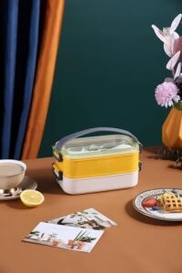 Çift Katmanlı Paslanmaz Çelik Beslenme KABI-1400 ml (Çatallı Kaşık) Beslenme Kutusu (Sarı)