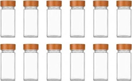 Bambu Kapaklı Cam Baharatlık Seti 12 Adet, Şeffaf Kare Baharat Kavanozu, Plastik Delikli Iç Kapaklı Kontrollü Döküm Sistemi, 11X4X4 cm Mutfak Düzenleyici Baharat Saklama Kabı Seti