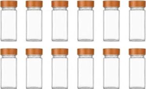 Bambu Kapaklı Cam Baharatlık Seti 12 Adet, Şeffaf Kare Baharat Kavanozu, Plastik Delikli Iç Kapaklı Kontrollü Döküm Sistemi, 11X4X4 cm Mutfak Düzenleyici Baharat Saklama Kabı Seti
