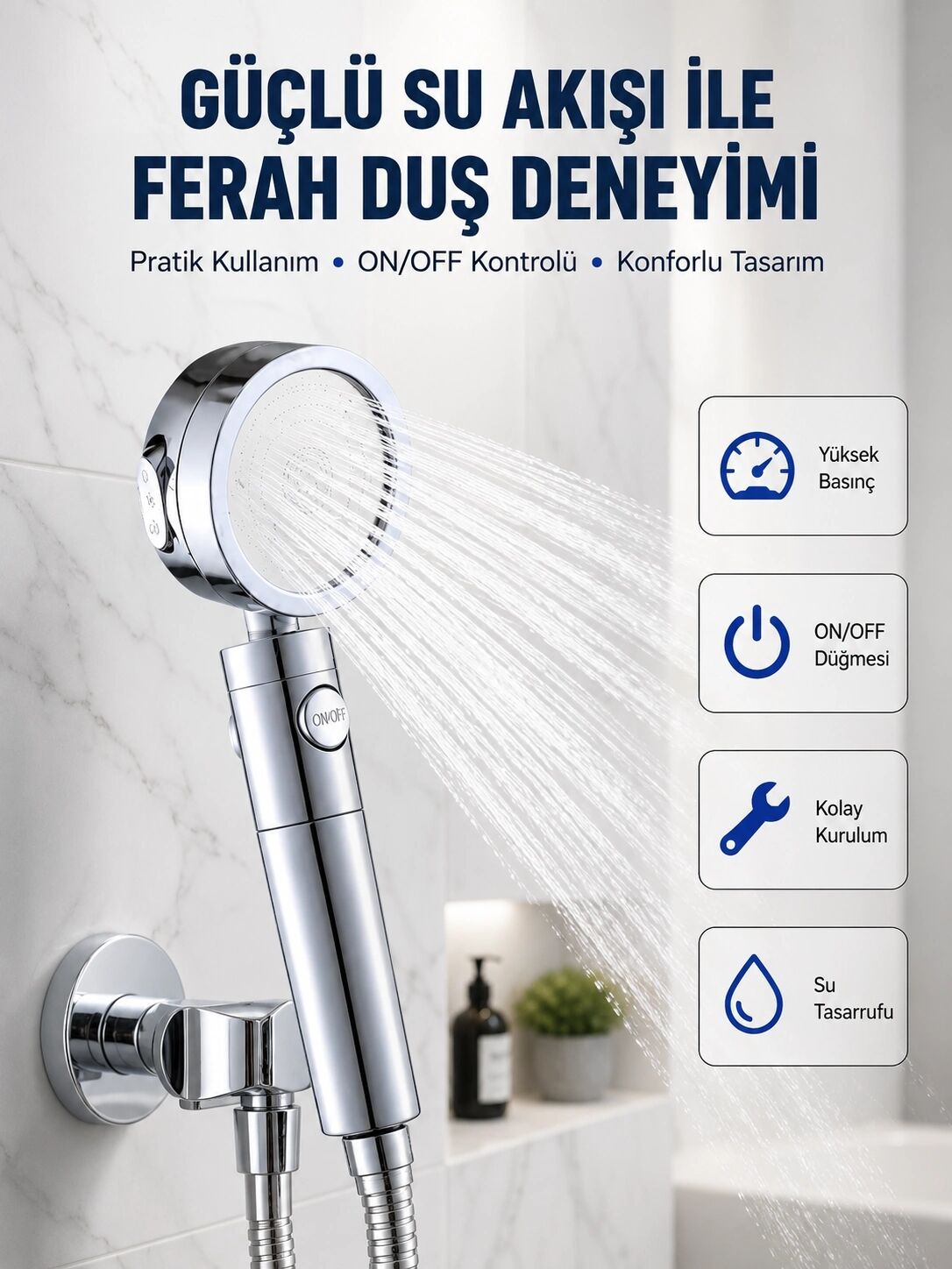 Şelale Sisi ve Masaj Özellikli Banyo Duş Başlığı