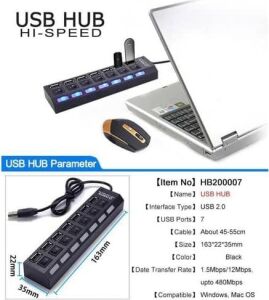 7 Port USB Hub Çoklayıcı Çoğaltıcı Onoff Düğmeli Işıklı Adaptörlü