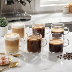 6'lı Şeffaf Cam Espresso Bardak Seti – Isıya Dayanıklı Minimal Tasarım Kahve Bardakları – 6 cm Yükseklik, 6 cm Çap – Türk Kahvesi, Espresso ve Kafe Kullanımı Için Şık Sunum Bardakları