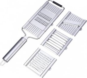 4 Bıçaklı Metal El Rendesi – Mandolin Tipi Çok Amaçlı Rende ve Dilimleyici, Peynir Sebze Meyve Doğrayıcı, Paslanmaz Çelik Gövde, Ergonomik Saplı Pratik Mutfak Aleti