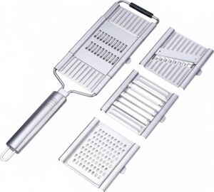 4 Bıçaklı Metal El Rendesi – Mandolin Tipi Çok Amaçlı Rende ve Dilimleyici, Peynir Sebze Meyve Doğrayıcı, Paslanmaz Çelik Gövde, Ergonomik Saplı Pratik Mutfak Aleti