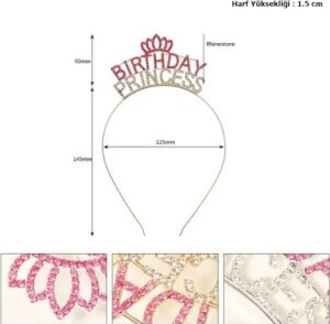Kristal Taşlı Birthday Princess Yazılı Parti Tacı Pembe Renk