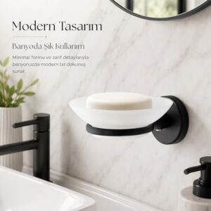 Sabunluk Siyah, Duvar Tipi, Metal, Yapışkanlı ve Vidalı Montaj, 35 mm Oval Bantlı Banyo Aksesuarı