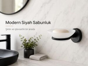 Sabunluk Siyah, Duvar Tipi, Metal, Yapışkanlı ve Vidalı Montaj, 35 mm Oval Bantlı Banyo Aksesuarı