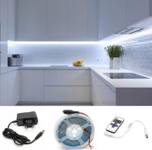 5 Metre Beyaz Şerit LED Kumandalı Dimmer Anahtar Tak Çalıştır Hazır Set Adaptör Dahil, Açma-Kapama, Parlaklık Ayarı Yapılabilir, Mutfak, Tezgah, Dolap Içi, Ayna, Tv Ünitesi Aydınlatma