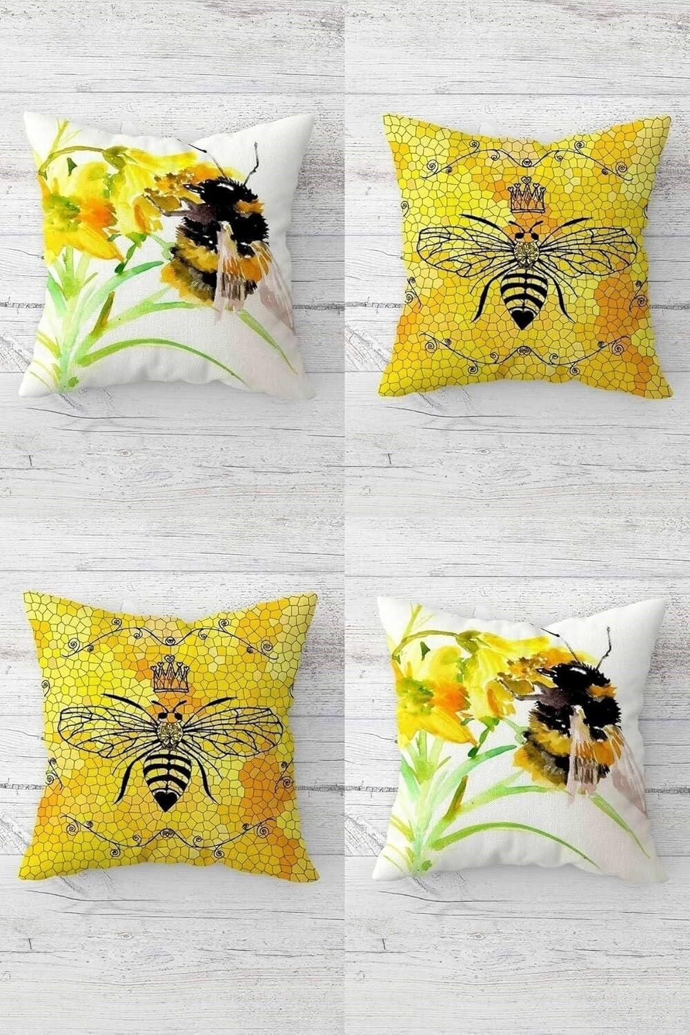 Arı Çiçek Balpeteği Desen Gizli Fermuarlı Kırlent Kılıfı Koltuk Yastık Kılıfı TAKIM(4ADET), Sarı 45 x 45
