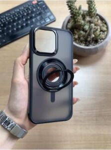 Standlı ve Yüzüklü Magsafe Kılıf SOOCASE721 Siyah iPhone 15 Pro Max ile Uyumlu