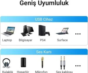 USB Harici Ses Kartı Adaptörü 3.5mm Kulaklık ve Mikrofon Girişli