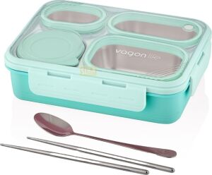 Bento 950ML Lunchbox Tek Katlı 4 Bölmeli Çelik Sefer Tası Yemek Kutusu (Turkuaz)